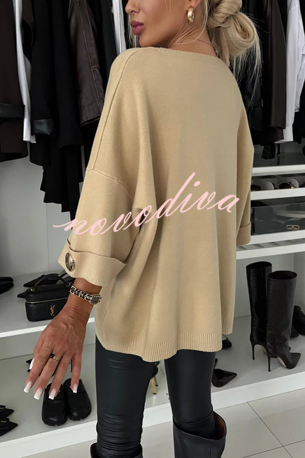 Elegance and Modern Knit Button Detail Half Sleeve Loose Sweater