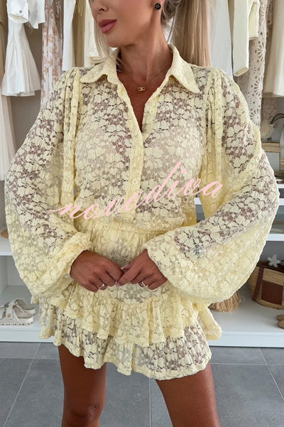 Nicola Lace Long Balloon Sleeve Blouse and Elastic Waist Layered Skort Set