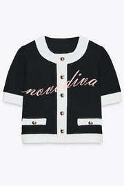 Fashionable Contrast Color Knitted Short-sleeved Button-down Top