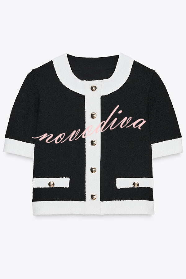 Fashionable Contrast Color Knitted Short-sleeved Button-down Top