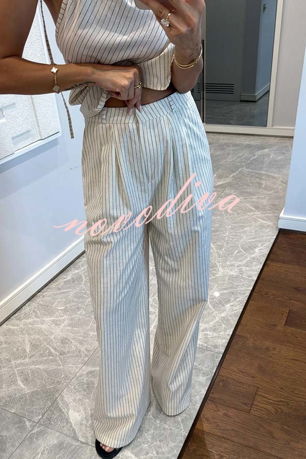 Moriah Striped Thin Strap Halter Neck Scarf Top and Pocketed Wide Leg Pants Set