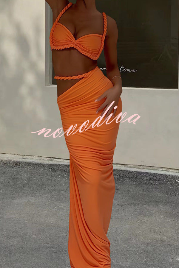 Sexy Halter Back Braided Suspender Top and Beach Holiday Style Hip-wrapped Maxi Skirt Set