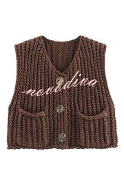 Solid Color Sleeveless Pocket Knitted Vest