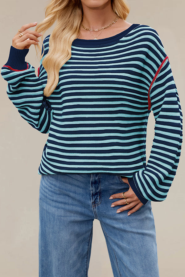 Striped Knit Loose-fitting Crew Neck Long-sleeved Casual Sweater