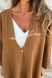 Solid Color V-neck Loose Long-sleeved Button Top