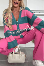 Fashion Contrast Striped Casual V-neck Long-sleeved Knitted Cardigan