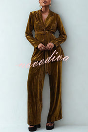 Solid Color Velvet Long-sleeved Waist Tie Top and Elastic Waist Casual Pocket Straight-leg Pants Set