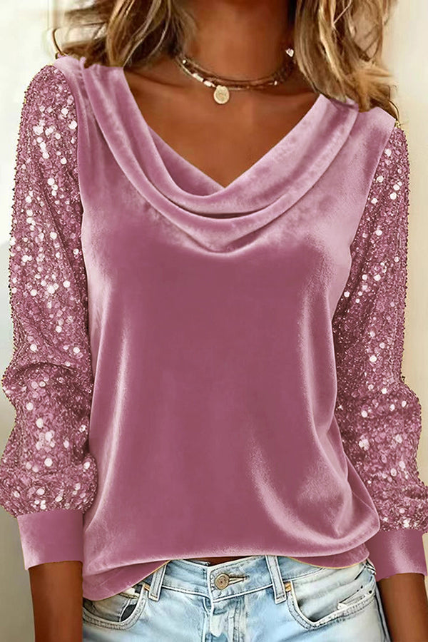 Stylish Velvet Sequin Patchwork Long-sleeved Casual Top