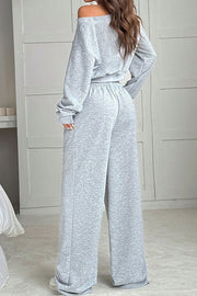 Solid Color Loose Long-sleeved Short Top and Elastic Waist Casual Pocket Wide-leg Pants Set