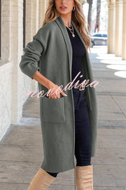 Solid Color Long-sleeved Casual Loose Pocket Mid-length Cardigan