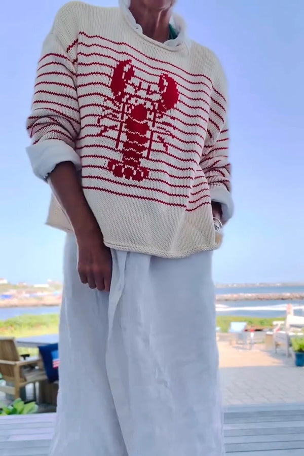 Striped Lobster Print Crew Neck Loose-fitting Knitted Sweater