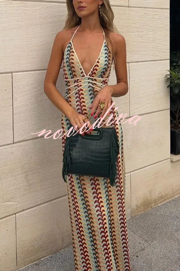Playful Colorful Knit Holiday Style Halter Neck Maxi Dress