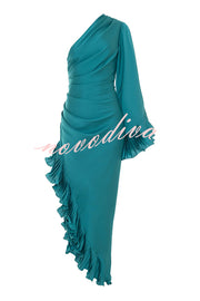 Elegant Satin One Shoulder Sleeve Pleated Ruffles Trim Ruched Asymmetrical Maxi Dress