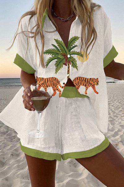 Tiger and Coconut Tree Print Loose Button Elastic Waist Shorts Set