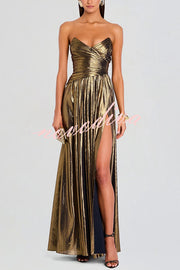 Goddess Temperament Metallic Pleated Fabric Off Shoulder Slit Maxi Dress