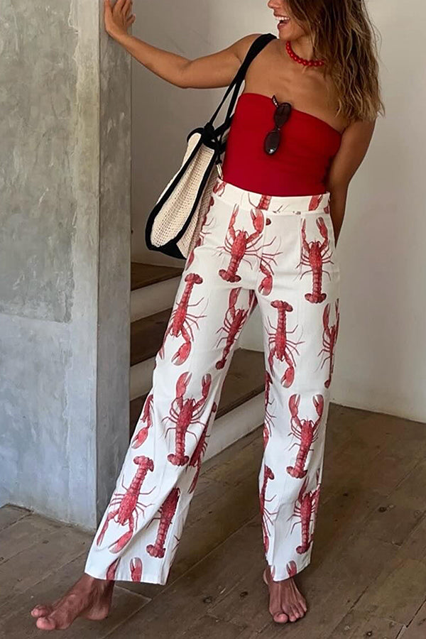 Fun Vacation Lobster Print High Rise Straight Pants