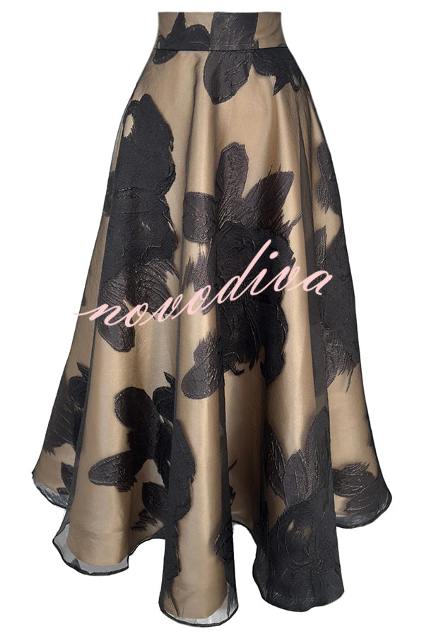 Chic Celebration Tulle Floral Pattern Jacquard High Rise Flared Maxi Skirt