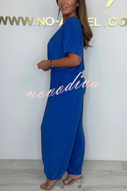Solid Color V-neck Short-sleeved Waist-tied Loose Casual Jumpsuit