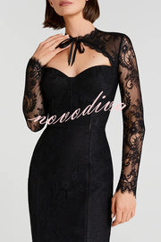 Mylene Lace Corset Cut Sweetheart Tie-up Neck Sheer Long Sleeve Slit Midi Dress