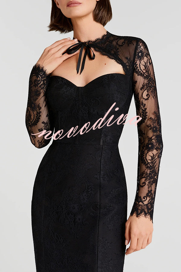 Mylene Lace Corset Cut Sweetheart Tie-up Neck Sheer Long Sleeve Slit Midi Dress