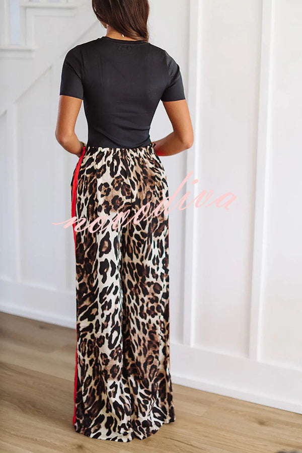 Leopard Print Elastic Waist Pocket Loose Wide Leg Pants