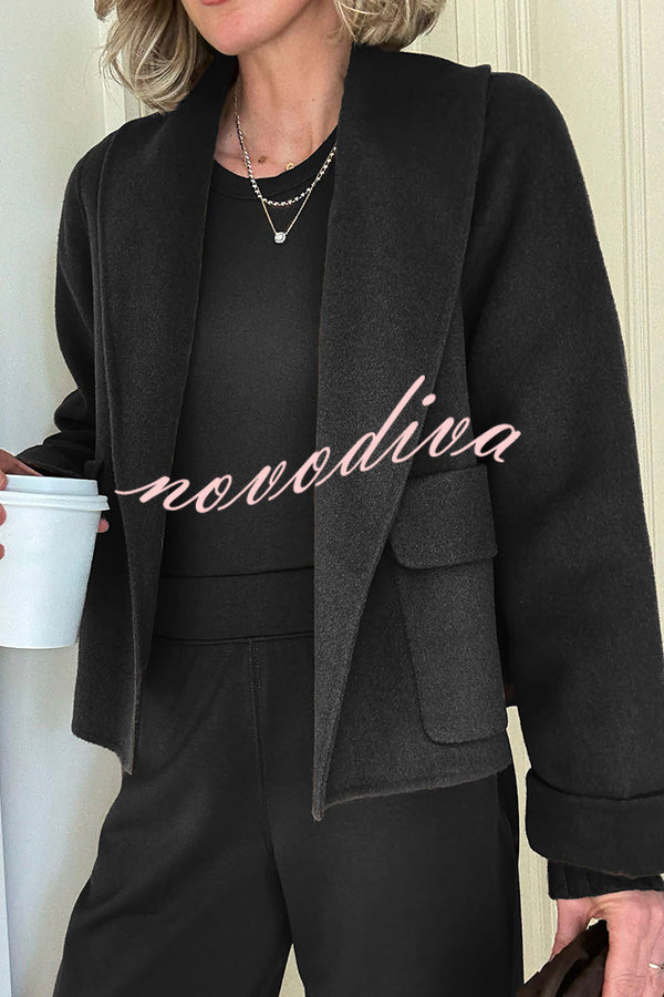 Comfortable Season Shawl Collar Open-front Long Sleeve Flap Pockets Crop Coat