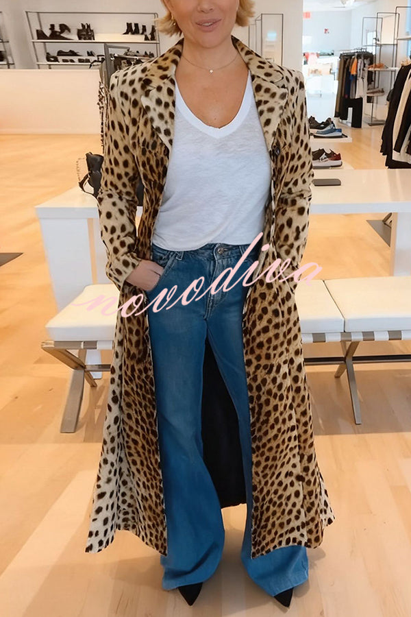 Leopard Print Long Sleeve Pocket Casual Maxi Trench Coat