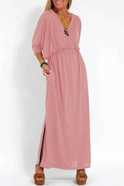 Ultimate Comfort Elastic Waist Half Sleeve Pocketed Slit Maxi Dress