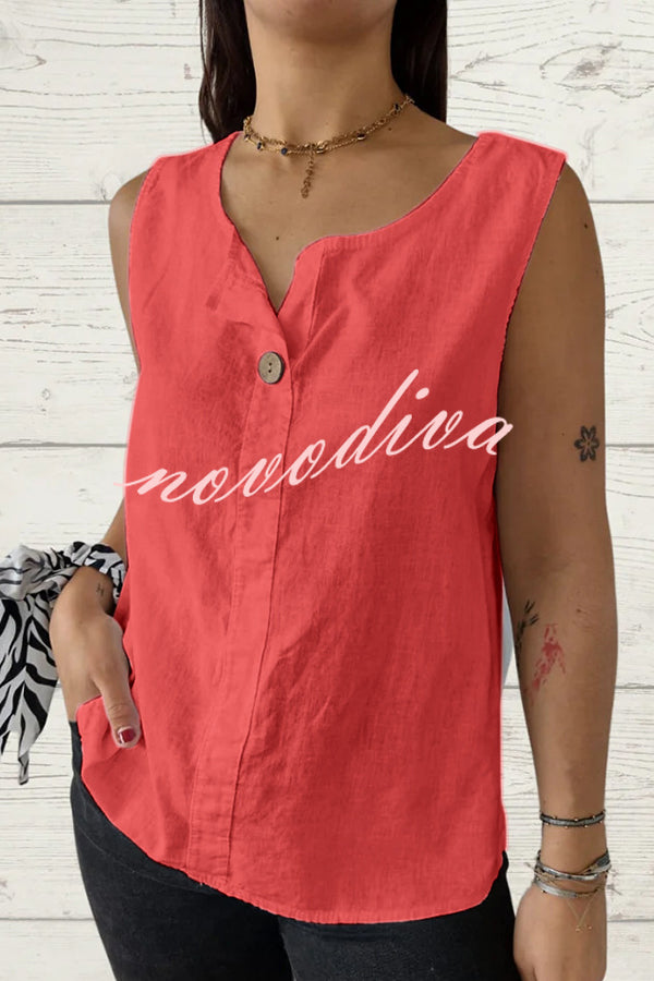 Solid Color V-Neck Button Loose Sleeveless Top