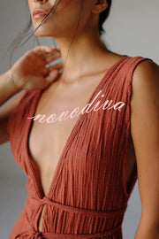 Resort Style V-neck Tie Pleated Casual Jumpsuit