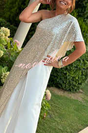 Party Favors Sequin One Shoulder Ruffle Detail Wide Leg Evening Jumpsuit