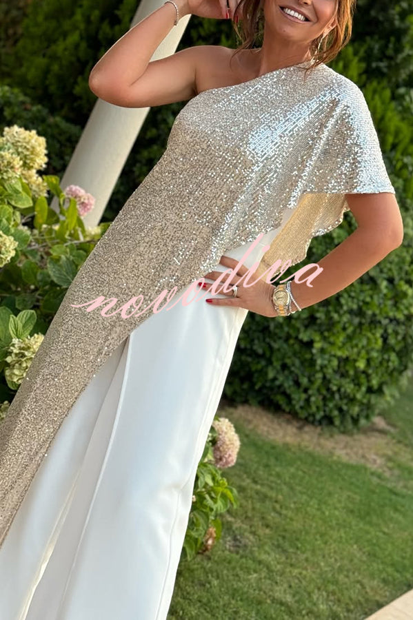 Party Favors Sequin One Shoulder Ruffle Detail Wide Leg Evening Jumpsuit