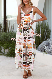 Unique Beach Vacation Print V-neck Suspenders Casual Wide-leg Jumpsuit
