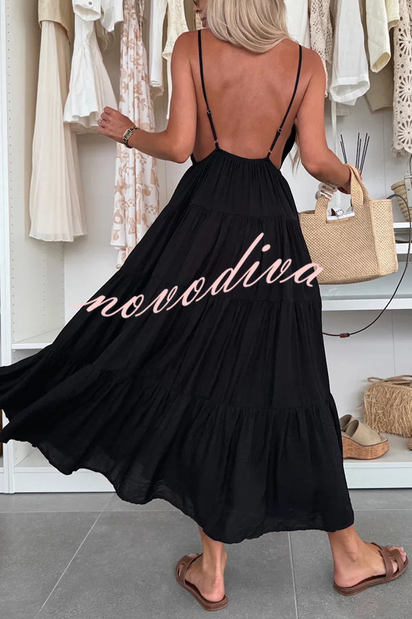 Bohemian Style V-neck Backless Slip Layered Vacation Maxi Dress