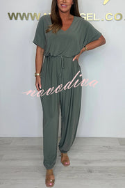 Solid Color V-neck Short-sleeved Waist-tied Loose Casual Jumpsuit