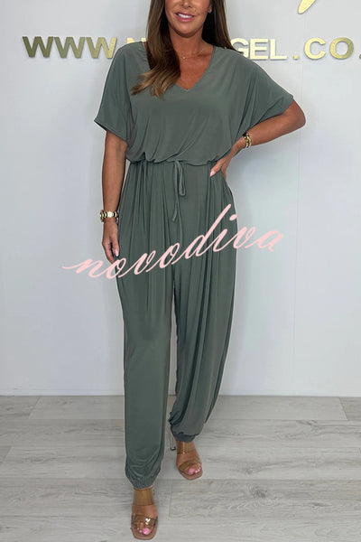 Solid Color V-neck Short-sleeved Waist-tied Loose Casual Jumpsuit