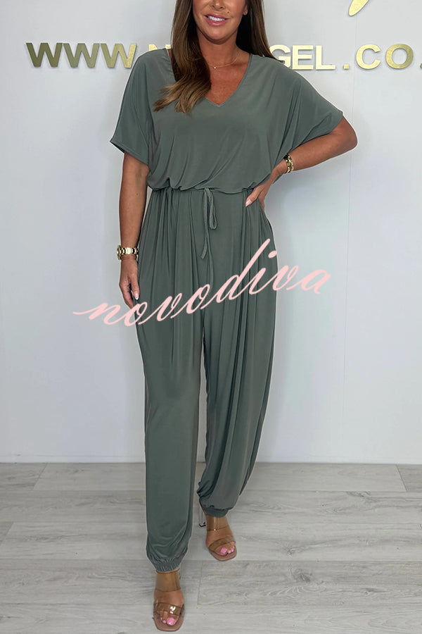 Solid Color V-neck Short-sleeved Waist-tied Loose Casual Jumpsuit