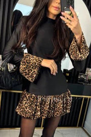 Fashionable Splicing Leopard Print Bell Sleeve Stretch Mini Dress