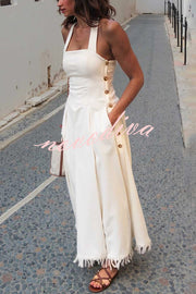 Bohemian Square Neck Pocket Tassel Holiday Maxi Dress
