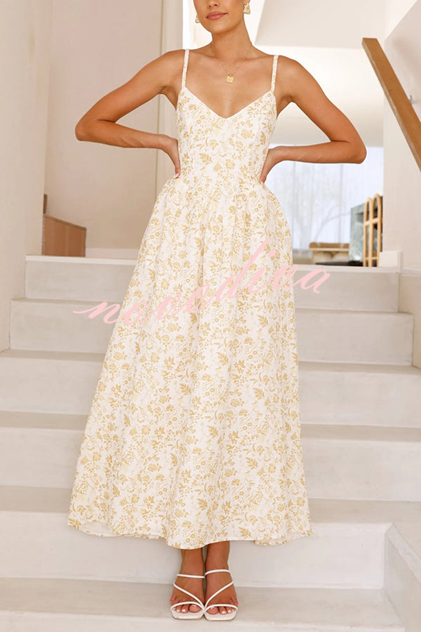 Floral Print V-Neck Sleeveless Back Tie Pocket Maxi Dress