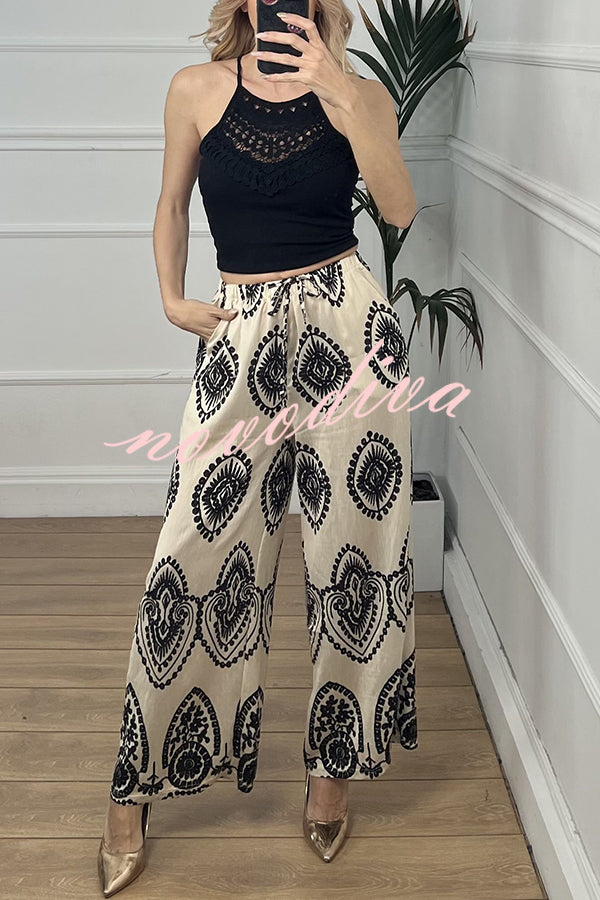 Unique Print Elastic Waist Casual Pocket Wide Leg Pants