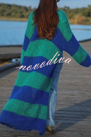 Fashionable Contrast Stripes Lazy Style Loose Long Knitted Cardigan
