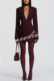 Solid Color Slim-fit V-neck Elegant Draped Formal Mini Dress