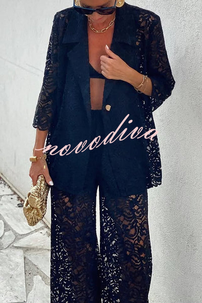 Seaside Nocturne Lace Button Half Sleeve Lapel Vacation Blazer