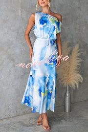 Satin Unique Print One Shoulder Tie Waist Slit Maxi Dress
