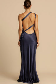 Moonlit Soiree Satin Asymmetrical One Shoulder Backless Strap Maxi Dress