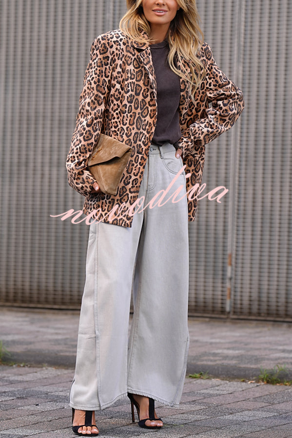 Catwalk Leopard Single Button Long Sleeve Pocketed Lapel Boyfriend Blazer