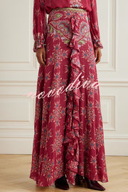 Unique Printed Chiffon Long-sleeved Loose Shirt and Elegant Ruffled Maxi Skirt Set