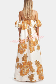 Floral Print Suspenders Puff Sleeves Loose Pocket Holiday Maxi Dress