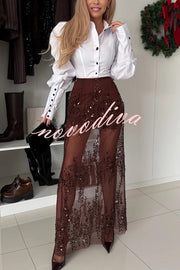 Darling Details Color-block Buttons Long Puff Lantern Sleeve Blouse